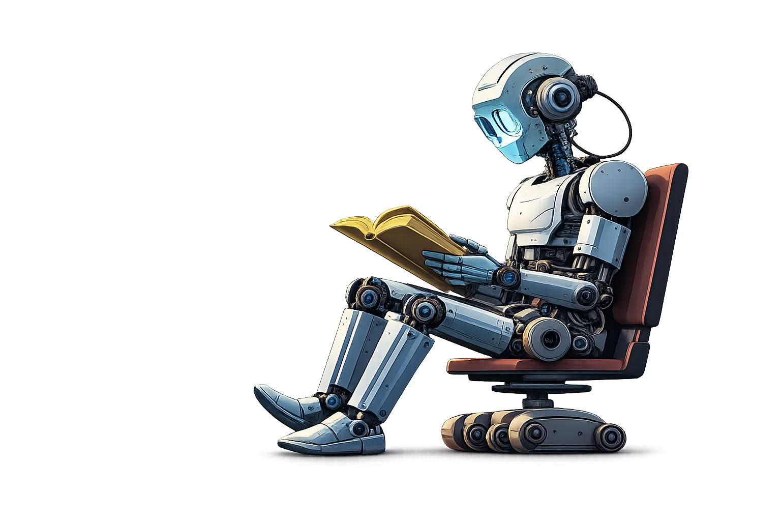 robot reading calmly in futuristic workspace