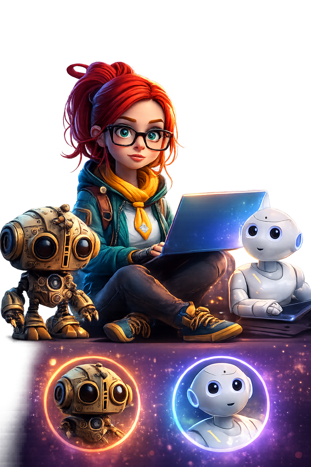 woman and robots with glowing rings